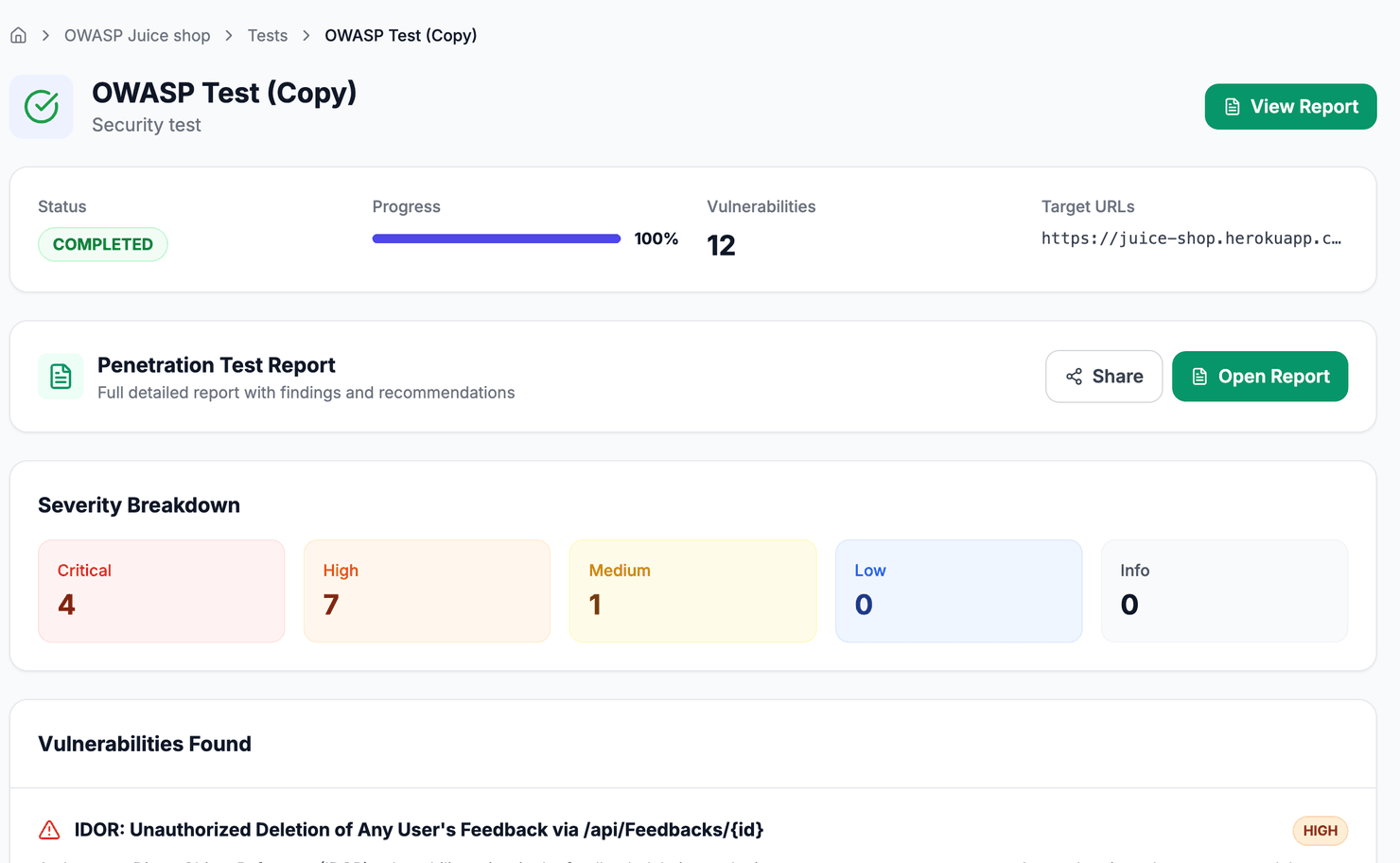 The Penetrify dashboard showing a completed scan with 12 findings and a severity breakdown